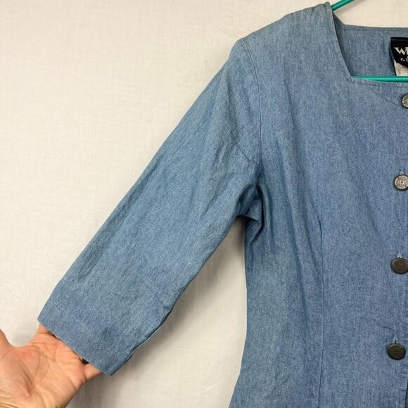 Vintage 90s Full Button Denim Sheath Dress Womens M Square Neck Boho Mom USA - Picture 2 of 13